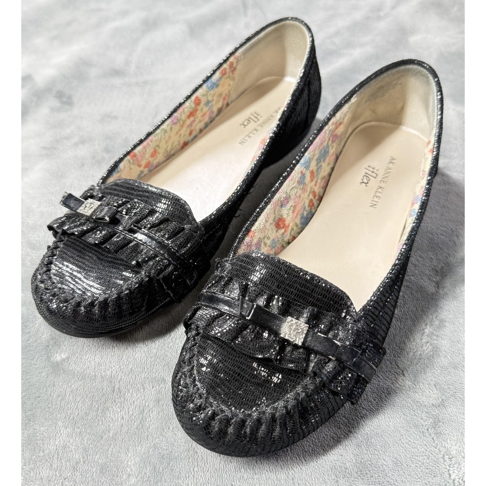 AK Anne Klein IFlex AKKYTE Shoes Womens Size 8.5 Black‎ Loafer Flats Slip On Bow